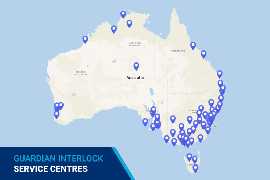 Locations provided on a map of Australia of Guardian Interlock's Service Centres